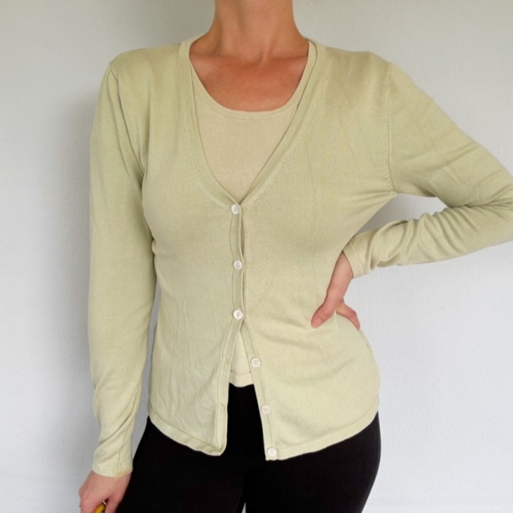 Vintage Tori Richard silk pale green matching cardigan sweater set size L/XL